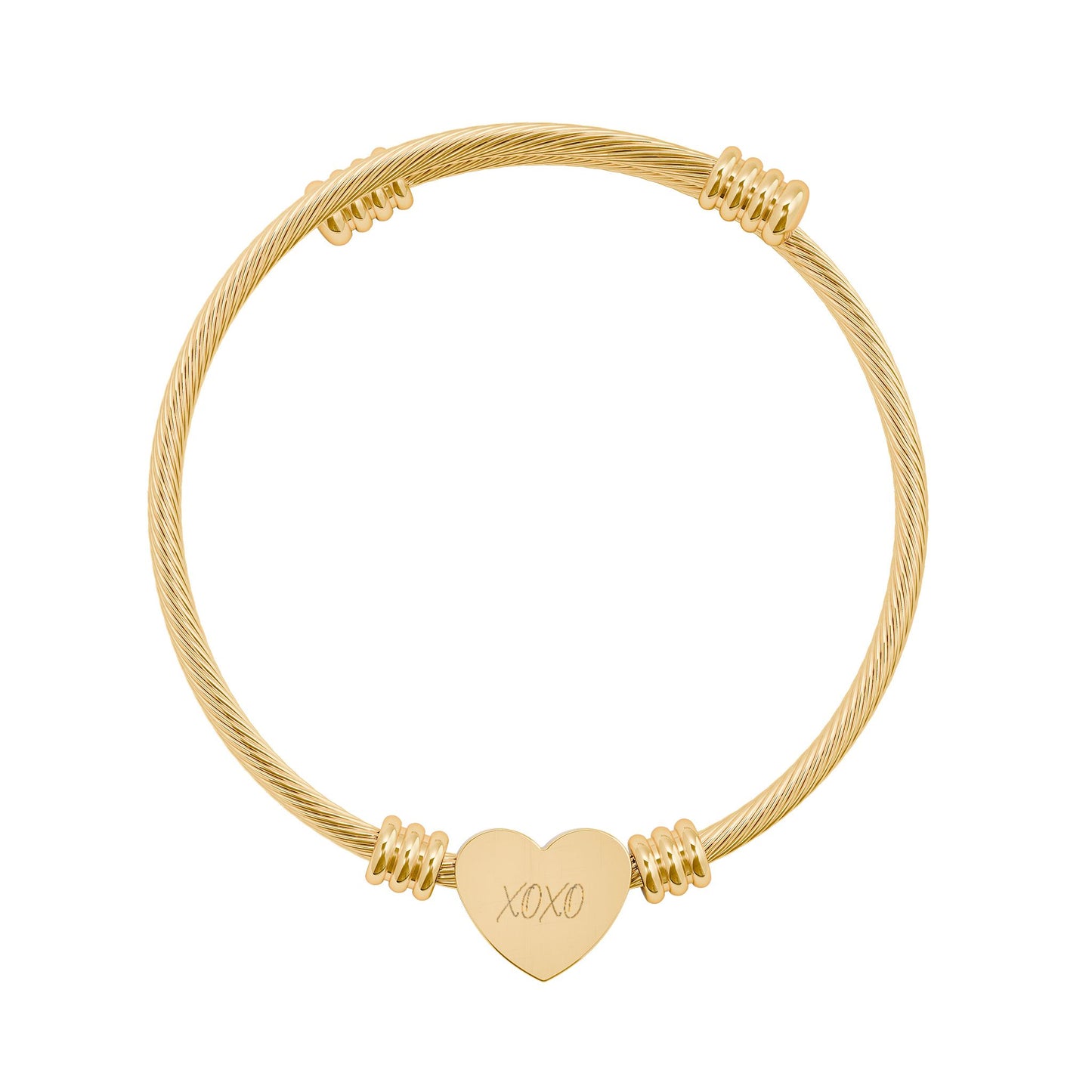 Engravable Heart Cuff Bracelet — Personalized Cable Wire Bangle (Silver or Gold)