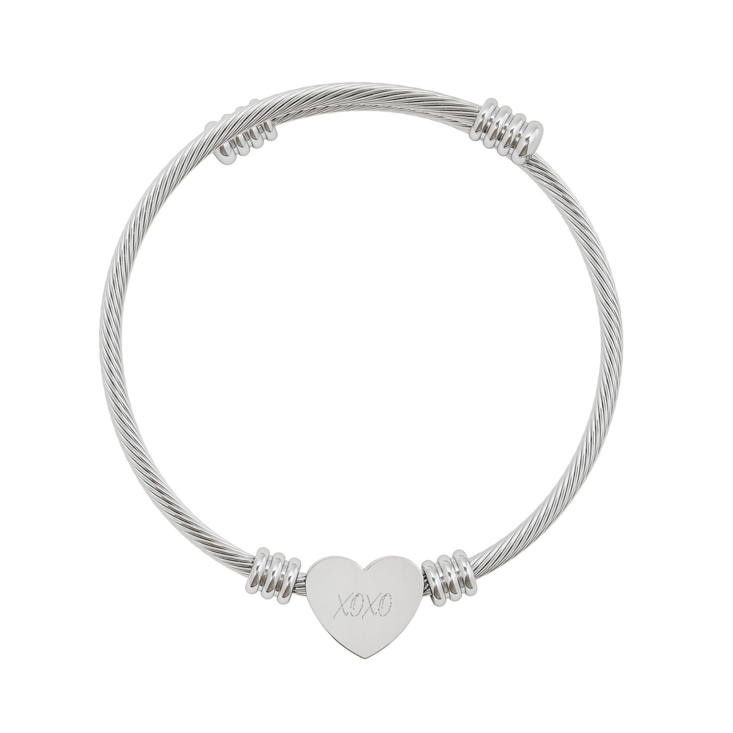 Engravable Heart Cuff Bracelet — Personalized Cable Wire Bangle (Silver or Gold)