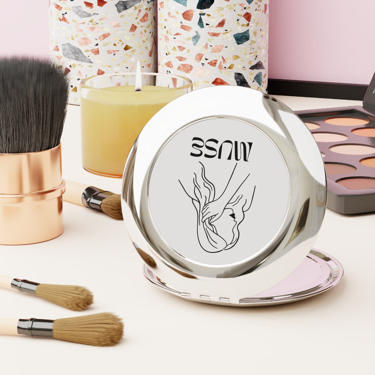 Compact Travel Mirror — Muse Line Art Pocket Mirror for On-the-Go Touch-Ups