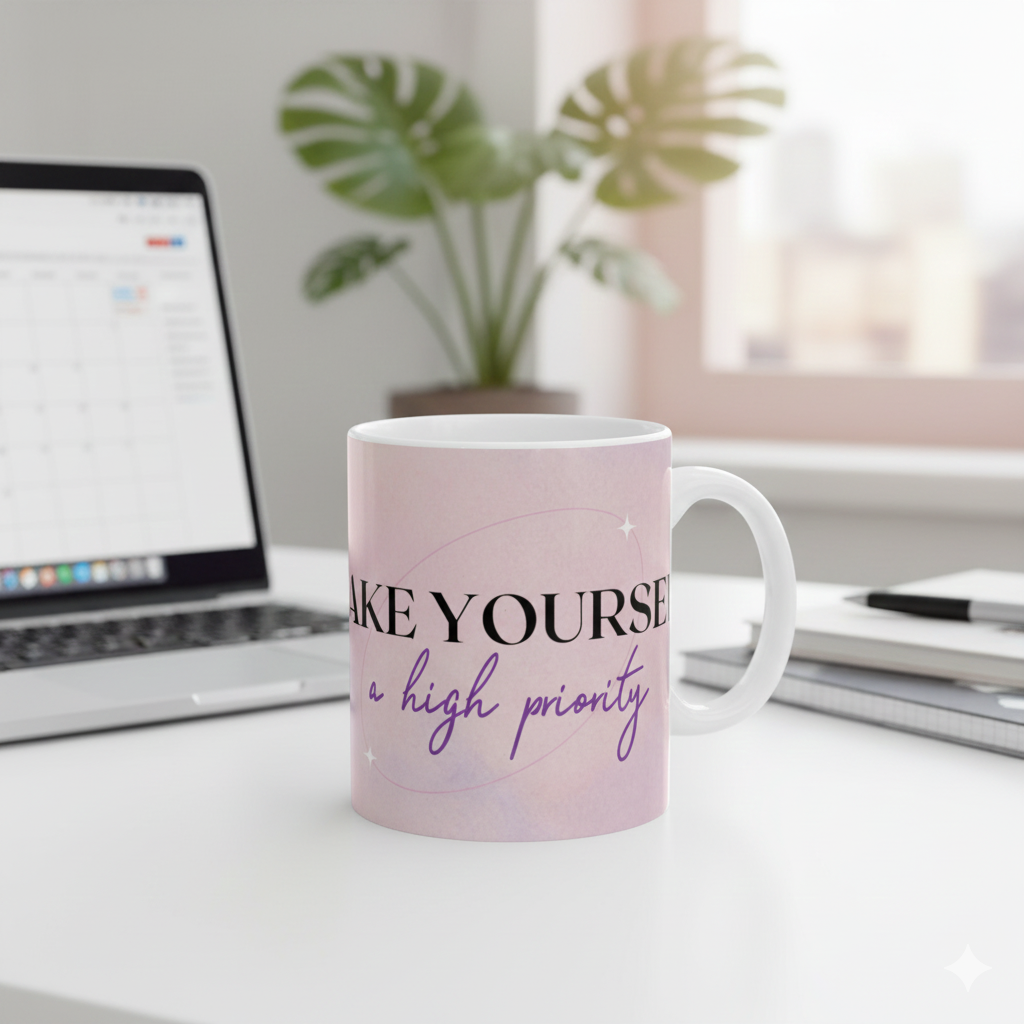 Motivational Ceramic Mug — "Make Yourself a High Priority" Pink Self-Care Coffee Cup (11oz/15oz)