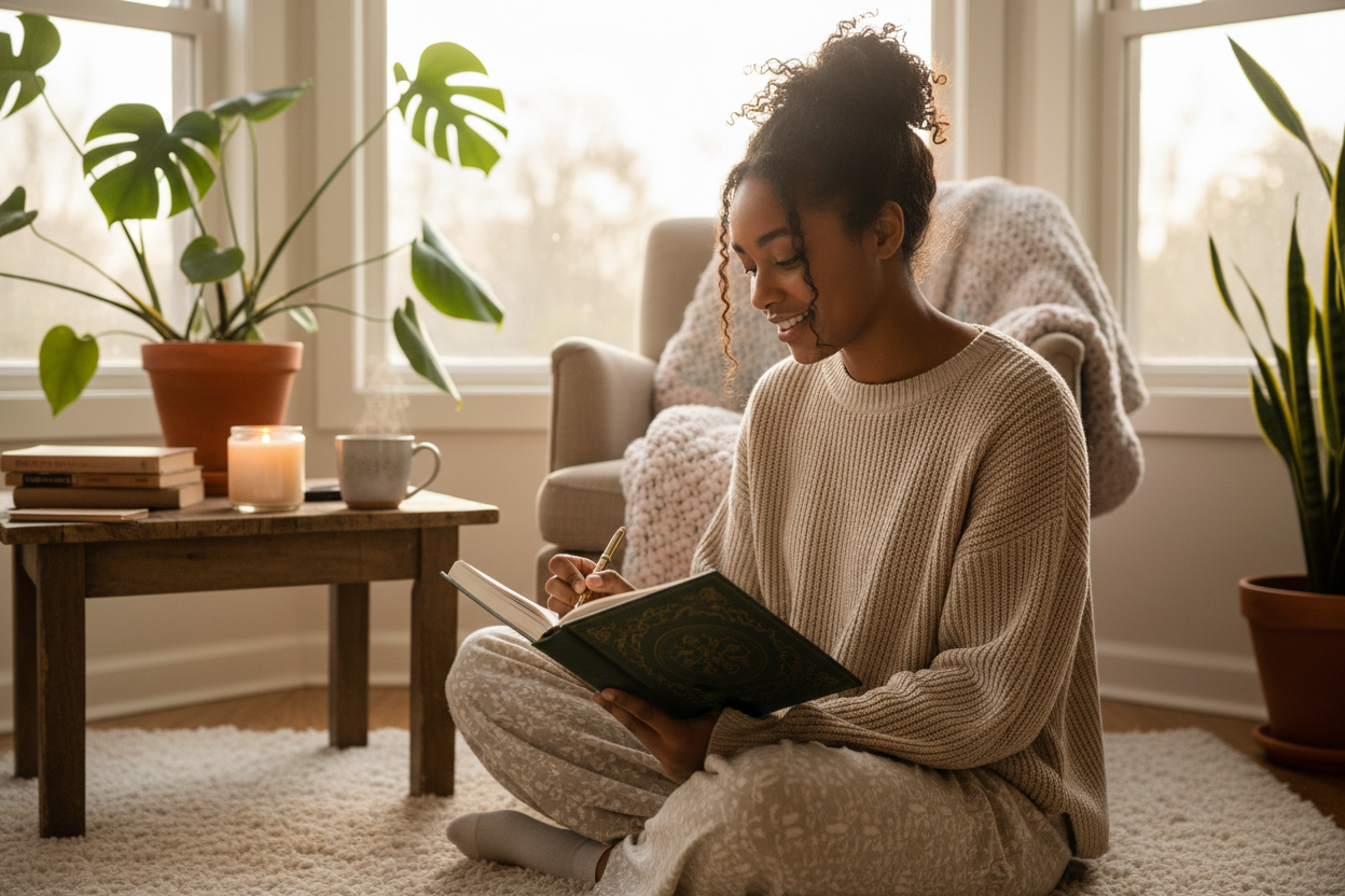 a young black woman journaing self care