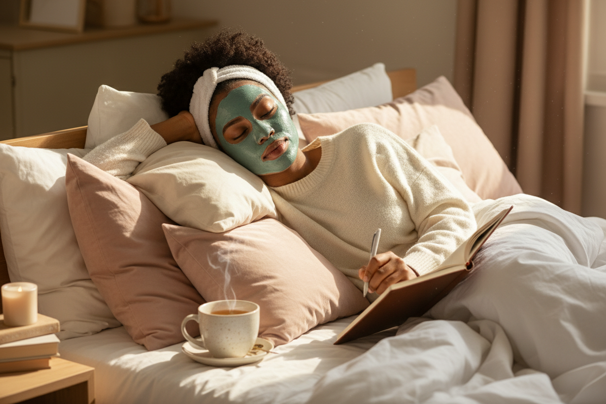 black young woman in bed with a facial mask journaling 